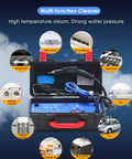 No Sweat High Pressure Steam Cleaner 1700W With Ready In Just 20 Seconds For Kitchen Countertops And Bathroom Tiles Portable unit shown with attachments and use for multiple surfaces.