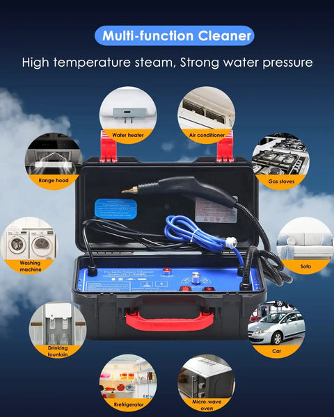 No Sweat High Pressure Steam Cleaner 1700W With Ready In Just 20 Seconds For Kitchen Countertops And Bathroom Tiles Portable unit shown with attachments and use for multiple surfaces.
