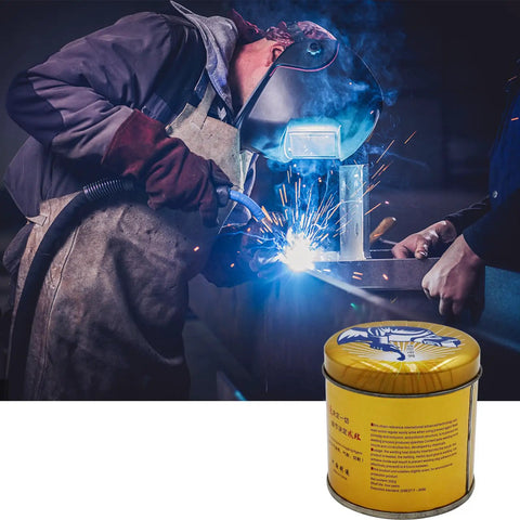 Anti Spatter Welding Nozzle Gel For MIG Nozzles And Tips Keeps Your Nozzle Clean Prevents Clogs And Erratic Operation Works In Any Position With Any Nozzle Odorless Non Flammable Non Toxic Silicon Free Compatible With Any Tip in a metal canister next to a welder using a MIG welder.
