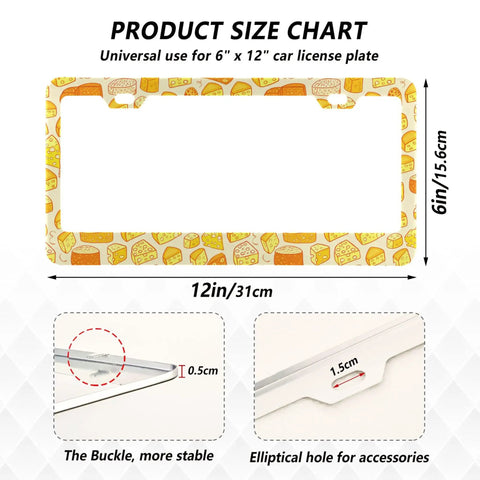 Hella Dope Yellow And Orange Cheese Design License Plate Frames 2 Pack size chart 12x6 inches with measurements shown