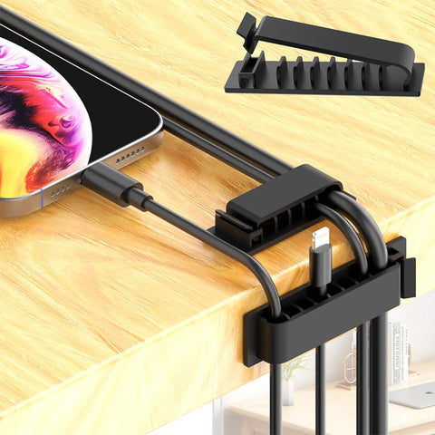 Cable holders and clips from 192 Pcs Cable Management Kit With 4 Wire Organizer Sleeves, installed under a wooden desk.