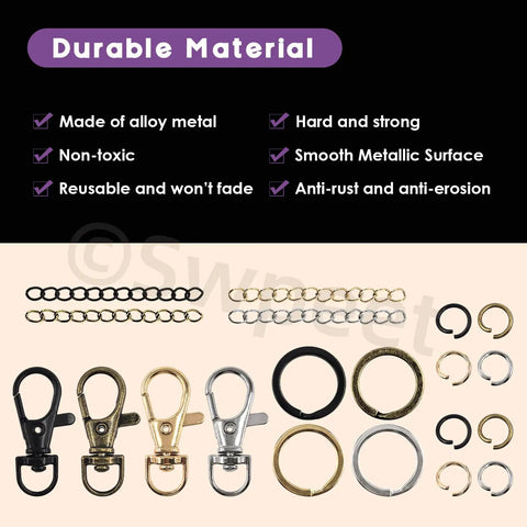 All In One Keychain Making Kit With Pliers 321 Pcs Including 40 Swivel Lanyard Hooks 200 Jump Rings 40 Keychain Rings 40 Extender Chains In Bronze Black Gold Silver For Diy Craft Projects, featuring durable metal components.