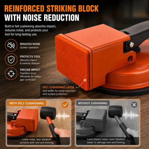 DIY Floor Gap Fixer Tool With Heavy Duty Vacuum Suction Cup For Vinyl Plank LVP Laminate Hardwood And Tile Floors No Fuss Gap Repairs Plank Gap Grabber Tool Only orange striking block with felt cushioning layer