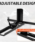 Adjustable heavy duty upright motorcycle wheel chock stand with 14 holes, fits 15 to 22 inch wheels, supports up to 1800 pounds.