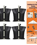 4 black sandbags from 130 Lbs 4 Pack Universal Canopy Weights With Reinforced Double Pockets, attached to metal legs, ideal for tents