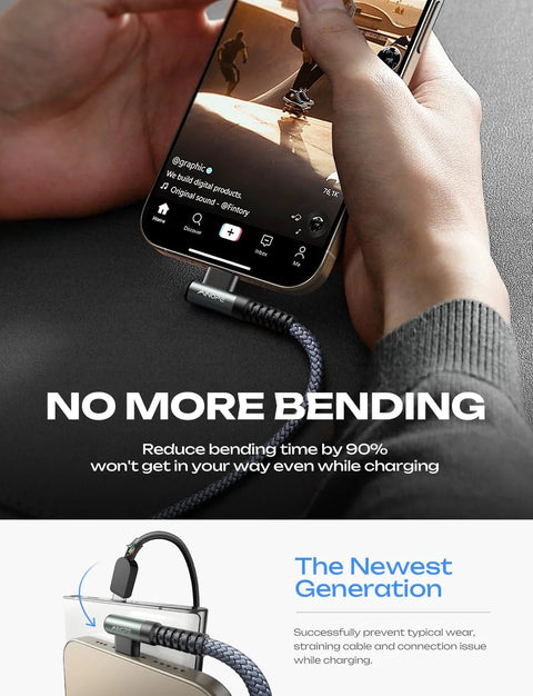 Side view of AINOPE USB-C to USB-C braided cable connected to smartphone, navy blue, 6.6 ft, 60W, two-pack