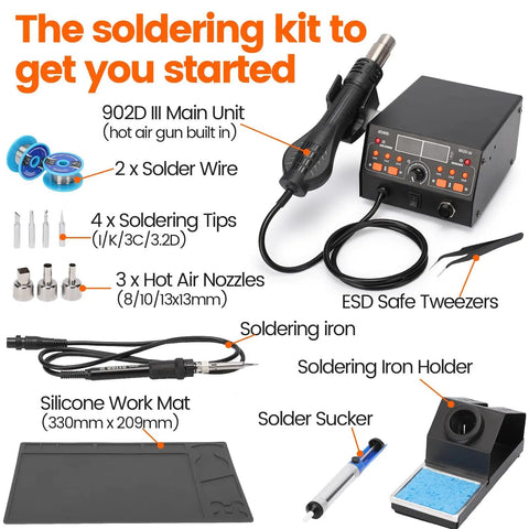 2-In-1 Hot Air Soldering Station Kit With 60W Soldering Iron, 3 Pro-Grade Preset Temperature Channels, 4 Soldering Tips, Lead-Free Solder