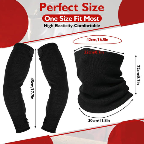 Heavy Duty Welding Sleeves And Neck Guard Set Built Tough For Cut Heat And Flame Defense showing black arm sleeves and neck guard with size details.