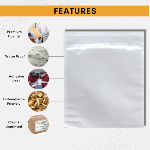 1000 Pack Self Adhesive Shipping Label Sleeves 7x10 Inch Clear Peel Stick Packing Slip Pouches showing waterproof features and adhesive back.