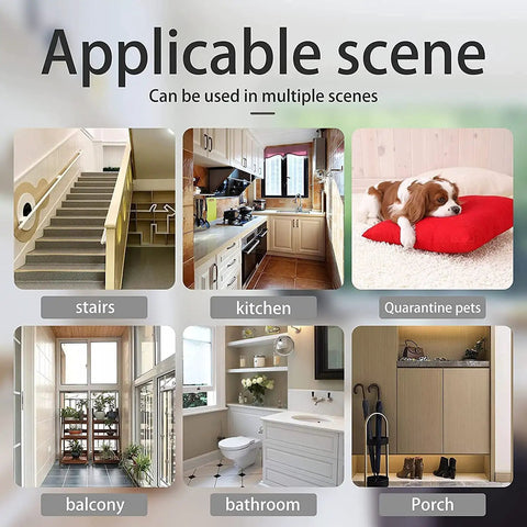Collage showing extra wide pressure mounted baby gate for dogs and pets in various home settings like stairs and kitchen.