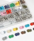 120 Piece Leather Snap Button Kit with 15mm fasteners includes 5 fixing tools 12 color options for clothes, jackets, bags.