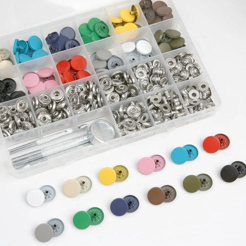 120 Piece Leather Snap Button Kit with 15mm fasteners includes 5 fixing tools 12 color options for clothes, jackets, bags.