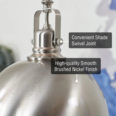 Close-up view of Kira Home Belle 9" Modern Industrial Pendant Light with Dome Shade showing brushed nickel finish and swivel joint.
