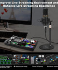 Two Person Podcast Gear Bundle With Dual Audio Mixer And Condenser Mics 48V Phantom Power Supply And USB Interface showcased on table.