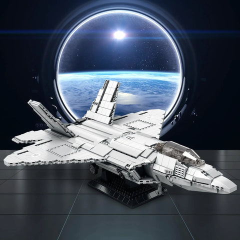 F-22 Raptor Fighter Jet Building Block Set on display with 1837 pieces, featuring realistic wings and cockpit, perfect for collectors.