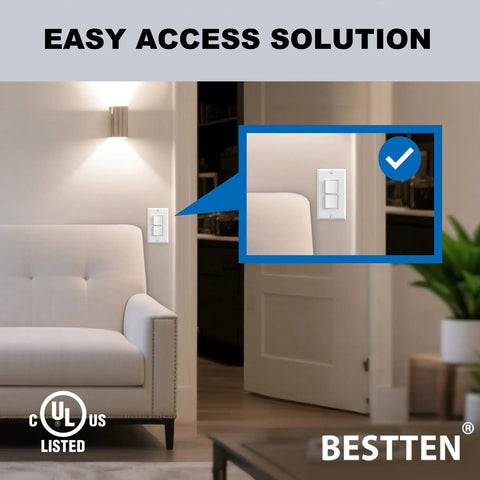 Room setting with Two Pack Double Rocker Light Switch With Dual Paddle Interrupter, 15A 120V installed on a wall, white decor plate visible.