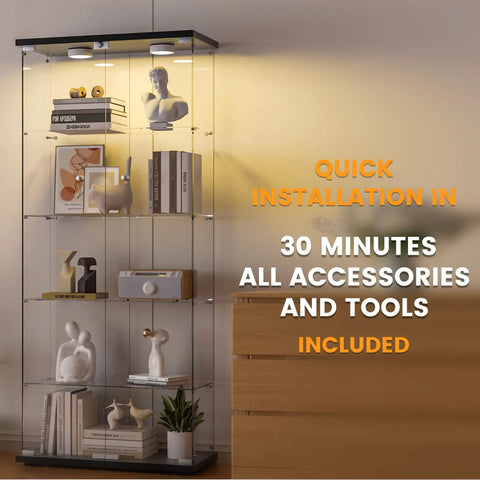 Five Shelf Glass Display Cabinet With Locking Door And Remote LED Lights in living room with art pieces displayed