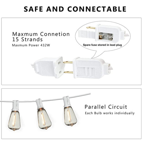 Warm 2200K Outdoor LED String Lights 100Ft With 52 Shatterproof Edison Bulbs, plug and parallel circuit detail