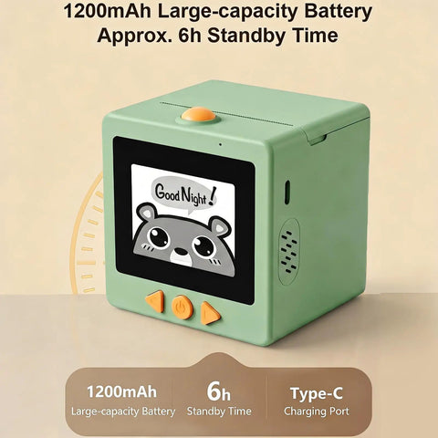 Next Level Smart AI Voice Activated Printer With Ridiculously Fast Inkless Thermal Tech And A Bright 2.4 Inch HD Touchscreen Display For Making Totally Awesome Custom Stickers Everyday, green compact design with 1200mAh battery.