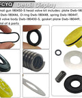 Heavy Duty Head Valve Kit For Pneumatic Nailers Compatible With Bt1855 Sb1850bn Sx1838 Replaces 180450 0430200 shown in detail, six parts included.