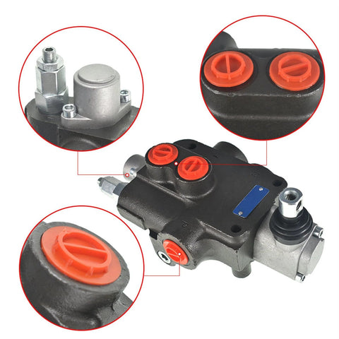 Front view of ALL-CARB 1-spool hydraulic directional valve, double-acting, black body with red port plugs.