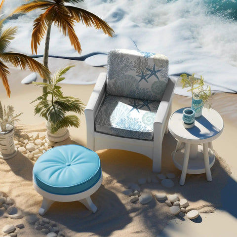 Beach scene with chair and 8 Piece Summer Patio Sofa Cushion Cover Set Stretchy Coastal Slipcovers With Starfish Seashell Coral Pattern For Outdoor Cushions Chairs And Couches Totally Fresh Makeover For Patio And Living Room