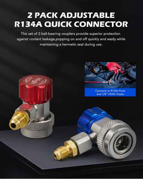 R134a Quick Coupler Adapters 2 Pack High Low Pressure Connectors for Auto AC Service, Adjustable Quick Couplers for Cars, Trucks, and SUVs, Durable Build, Leak Free Seal, Fits Most Systems, Easy Install, red and blue aluminum couplers