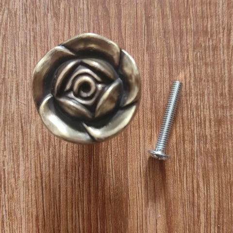 Antique Brass Rose Flower Cabinet Knob with screw, part of 4 pack for dresser vanity nightstand cupboard wardrobe, bronze finish, 30mm height.