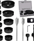 18-piece wood hole saw kit with 3/4–5 in saws, mandrels, drill bits, installation plate, hex wrench, and storage case