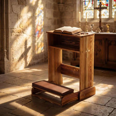 Solid Wood Prayer Bench With Shelf Comfy Cushioned Kneeler And Table Chair Rustic 23 X 20 X 32 Inches Padded Kneeler For Home Or Church Devotion Sturdy Kneeling Stool For Prayer Thoughtful Religious Gift in a church setting with a cross detail on the side and an open book on top