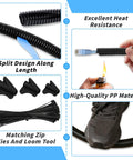 Split Wire Loom Tubing Set 1/4, 1/2, 3/8 Inch by 50 Feet with cable ties showing split design, high heat resistance.
