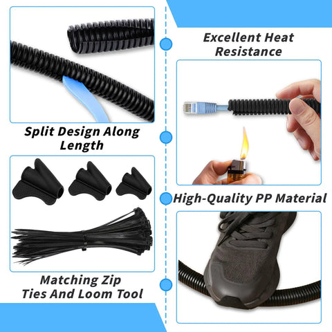 Split Wire Loom Tubing Set 1/4, 1/2, 3/8 Inch by 50 Feet with cable ties showing split design, high heat resistance.