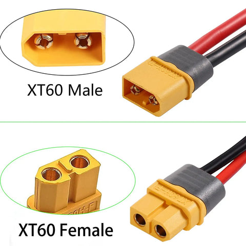 XT60 male and female connectors on 14 Gauge 10ft XT60 Extension Cable With Male To Female Connectors, Dope RC Battery And Solar Panel Ready XT60 To XT60 Cable For ESC Lipo Power Station