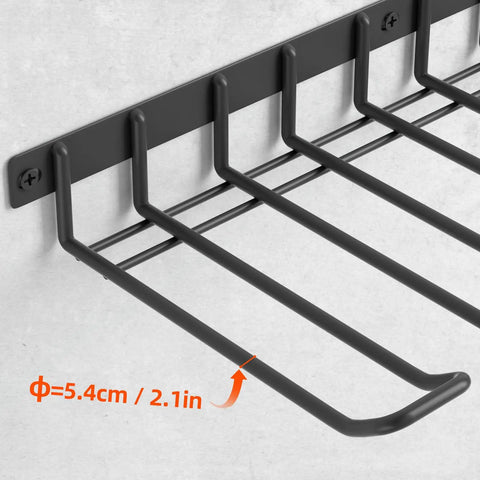 Power Tool Organizer Wall Mount For Cordless Drill And Tools, black metal rack with dimensions shown, installed on wall