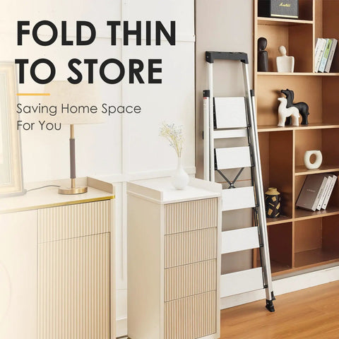 Folded Five Step Aluminum Ladder With Tool Tray, Anti Slip Folding Stool For Adults, Lightweight Portable Design, 330 Lb Capacity