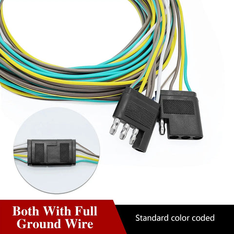 Heavy Duty 25 Foot 4 Pin Flat Trailer Wire Extension Kit With 18 AWG Color Coded Wishbone Harness, featuring color coded wires and connectors.