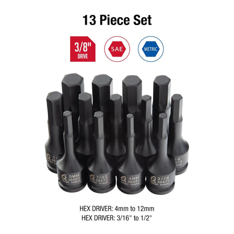 Impact Hex Driver Set 13-Piece 3/8 Inch Drive SAE And Metric In Chrome Molybdenum, arranged in rows with size labels.