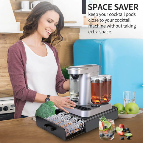 Woman using Under Counter Pod Holder For 40 Cocktail Capsules, Slim Drawer Organizer under beverage machine in kitchen.