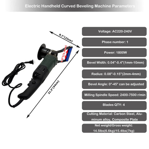 Professional Grade Smooth Operator Electric Handheld Curved Beveling Machine With Zero To Forty Five Degree Adjustable Chamfer Tool.