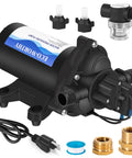 33-Series 110V AC Water Diaphragm Pump With 4.0 GPM At 50 PSI, RV Fresh Water On Demand Pump shown with adapters and connectors.
