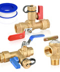 Three Quarter Inch IPS Isolator Tankless Water Heater Service Valve Kit With Pressure Relief Valve, brass, red/blue handles visible