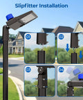 Heavy Duty 400W LED Parking Lot Light Shoebox Style With Dusk To Dawn Sensor showing slipfitter installation steps