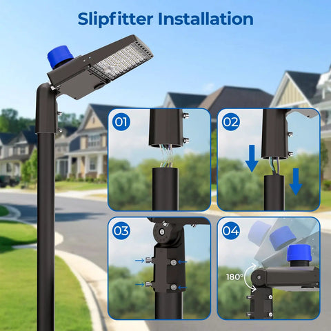 Heavy Duty 400W LED Parking Lot Light Shoebox Style With Dusk To Dawn Sensor showing slipfitter installation steps
