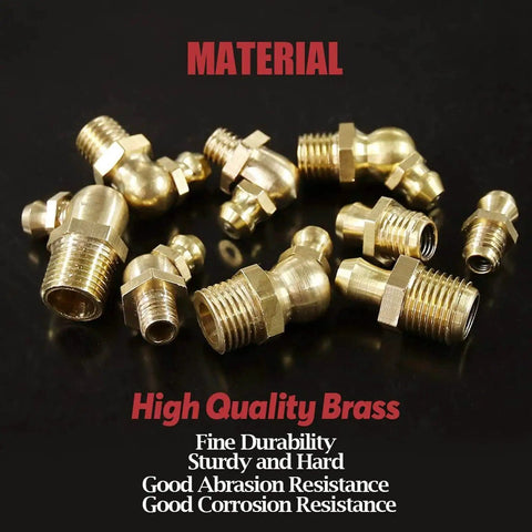 Reliable M6 x 1mm Metric Thread 90 Degree Angled Brass Hydraulic Zerk Grease Nipple Fittings Pack of 10 displayed on black background