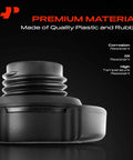 Close-up of black engine oil filler cap for Ford F-Series, made of quality plastic and rubber, highlighting corrosion resistance.