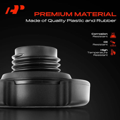 Close-up of black engine oil filler cap for Ford F-Series, made of quality plastic and rubber, highlighting corrosion resistance.