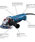 Heavy Duty 4 Inch Angle Grinder With Slick Paddle Switch And Lockdown Ergonomic Handle For Tough Metal Cutting And Grinding Duties Requiring Hardcore Torque And All Day Easy On The Hands Control, showing multi-grip paddle switch.