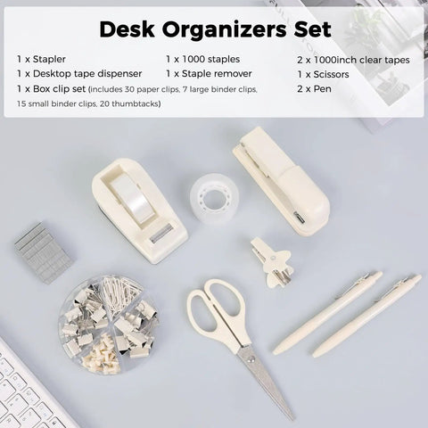 Must-Have All In One Desk Organizer Set For Home Office And School With Stapler Tape Dispenser Scissors Clips Beige Kit Display