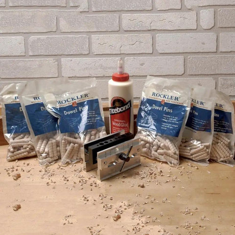 DIY Dowel Jig Kit With Hole Sizes From Three Sixteenths To One Half Inch, Self Centering Jig, Wood Glue, Dowel Pins, Nickel Plated Tool