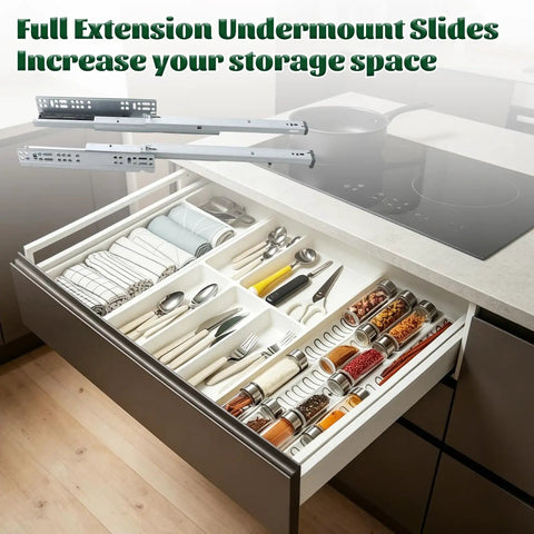 2 Pair 14 Inch Undermount Soft Close Drawer Slides With Dope Red Handles For Full Extension Concealed Rails featuring organized kitchen utensils.